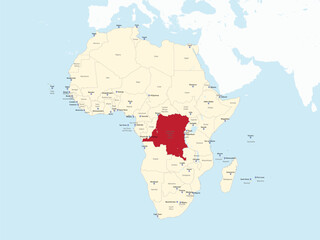 Obraz premium Detailed national location map of DR CONGO within the great continent of Africa