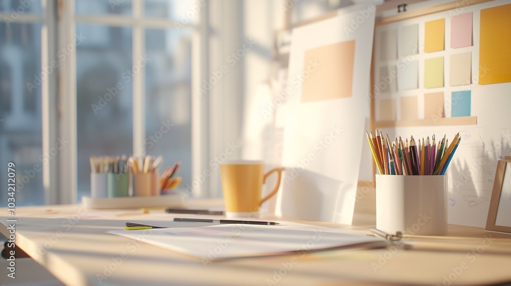 Poster creative design studio workspace - visual brainstorming with sticky notes mockups and color palettes