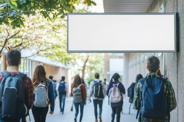 Blank white sign above busy campus walkway with students passing by
