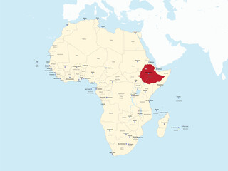 Detailed national location map of ETHIOPIA within the great continent of Africa