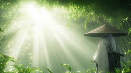 Obraz premium Tranquil journey: samurai in serene bamboo forest under soft sunlight