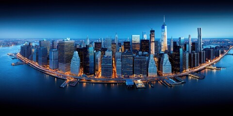 Aerial View of Manhattan Skyline at Night with City Lights and Reflections