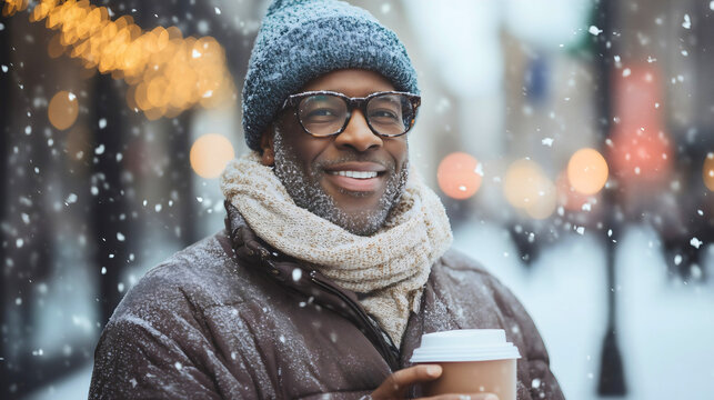 African American middle-aged senior man enjoying coffee in winter, happy smile with cup in hand, cheerful portrait outdoors in snowy city, dressed in jacket and scarf, cold season, snowfall, lifestyle
