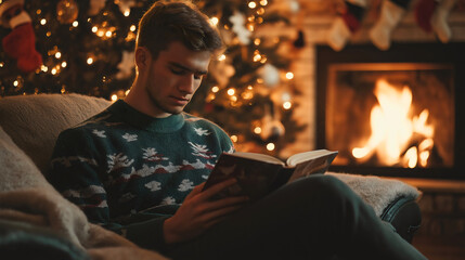Obraz premium Cozy Christmas evening with a man in a warm sweater reading a book by the fireplace, surrounded by holiday decorations and a tree, enjoying peaceful moments of relaxation and comfort indoors