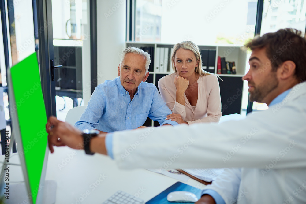 Poster Doctor, patient or computer green screen in clinic for test results, digital xray or stress for healthcare report. Senior father, woman or surgeon pointing to chroma key display for medical diagnosis