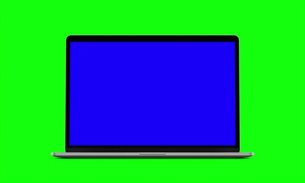 4K Video. Laptop (Notebook) Turning On With blue Screen On A Green Background.