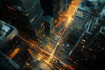 An aerial view of a city street at night with glowing lines of traffic.