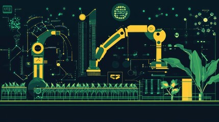 A digital illustration of robotic technology in agriculture and plant growth.