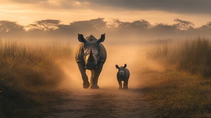 A mother white rhinoceros and her calf walk down a dusty path at sunrise.