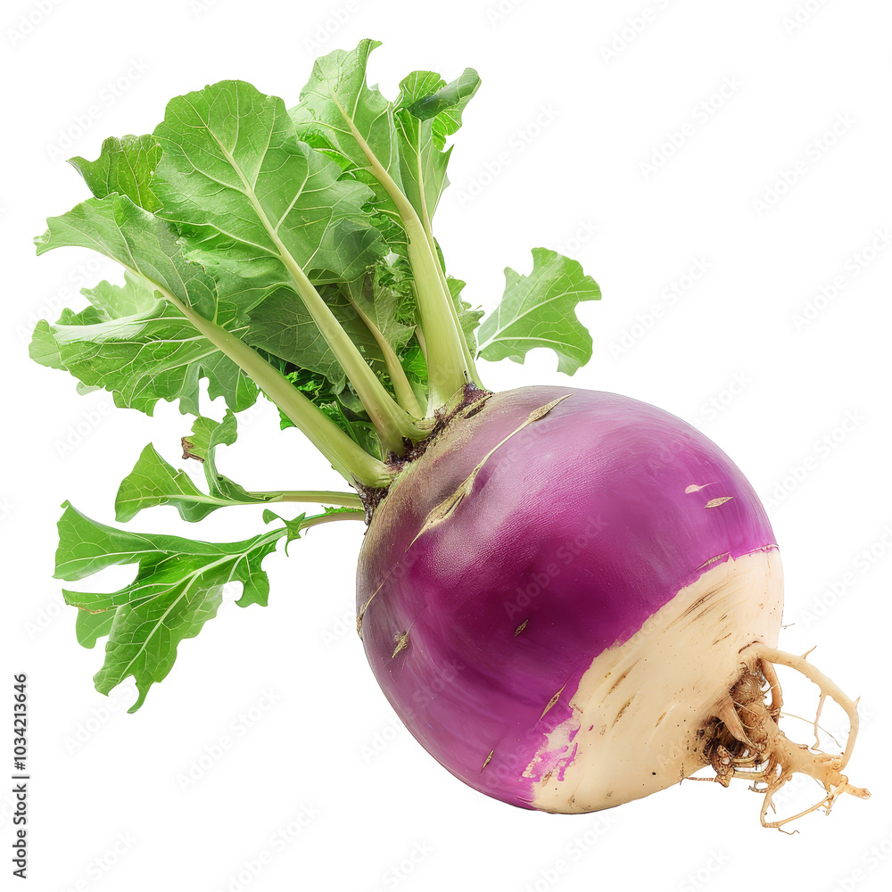 Poster Fresh and vibrant turnip with leafy greens displayed prominently against a bright background in a clean and simple setting