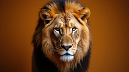 Fototapeta premium A close-up portrait of a male lion showcases its majestic features, with a flowing mane that radiates a golden hue.