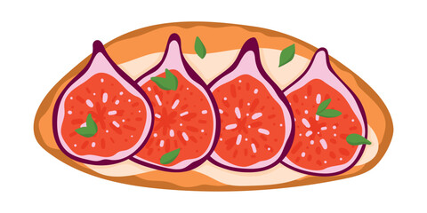 Bruschetta Italian Cuisine Appetizer. Open Sandwich with Grilled Bread Topped with Fig, Cream Cheese and Herbs. Isolated Vector Illustration on White Background