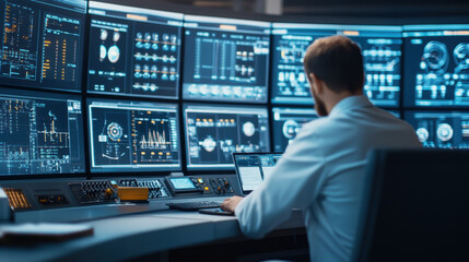 High tech control room with operator monitoring data on multiple screens
