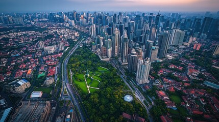 Obraz premium An aerial view of a large city with a park in the center. The buildings are tall and modern, and the park is green and lush. The city is bathed in the warm glow of the setting sun.