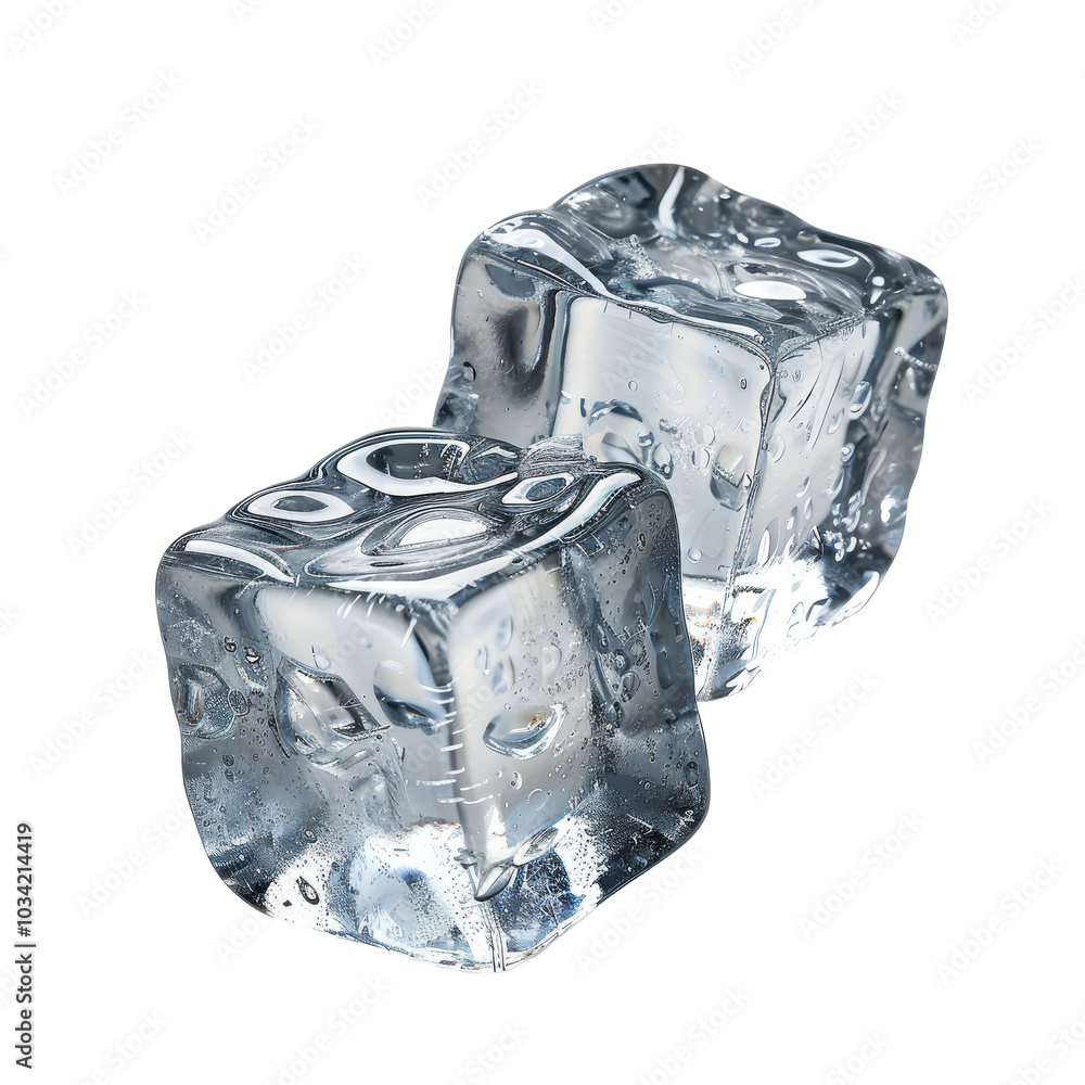 Poster clear ice cubes resting side by side on a white surface, reflecting light and creating subtle shadow