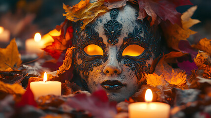 An Intricately Designed Halloween Mask Surrounded by Flickering Candles and Colorful Autumn Leaves