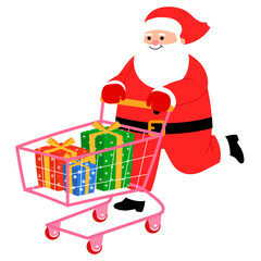 santa claus is filling pink shopping cart with christmas gift illustration