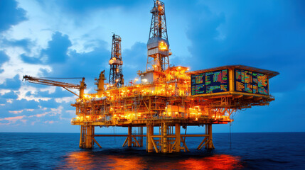 Oil rig platform with advanced monitoring systems illuminated at dusk