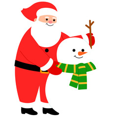 cute chubby santa claus building a  snowman and decorate with green scarf and woodden stick illustration