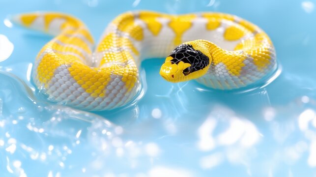 Vibrant yellow and white snake in clear water with blurred background
