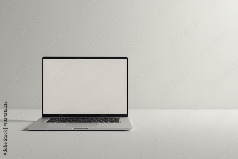 Poster minimalist mockup workspace with open laptop on blank background for modern design concepts.