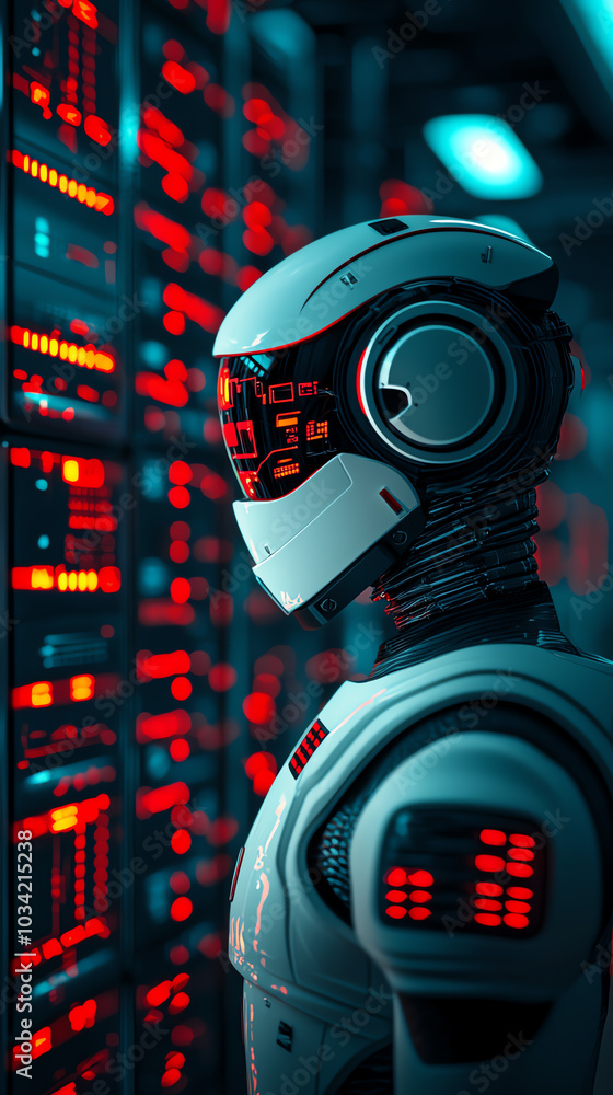 Poster futuristic robot in a data center.