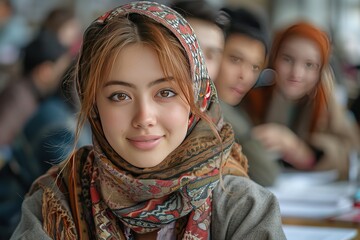 Fototapeta premium An international student group studying together, free space for text 
