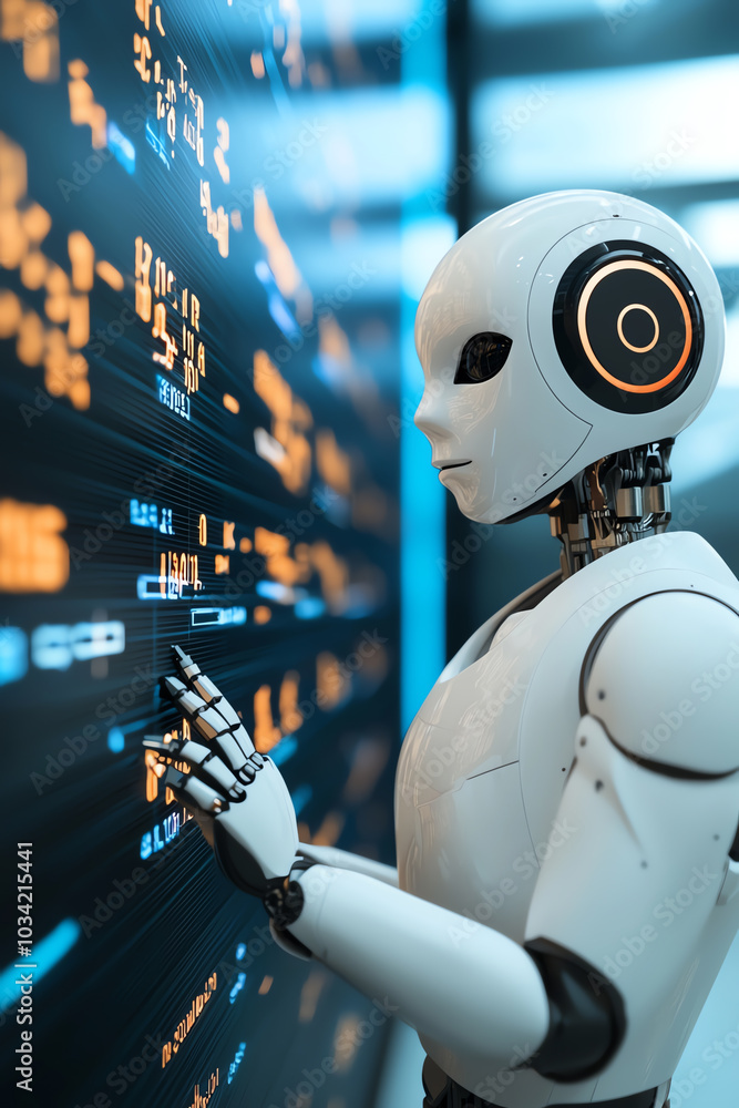 Poster futuristic robot interacting with digital display
