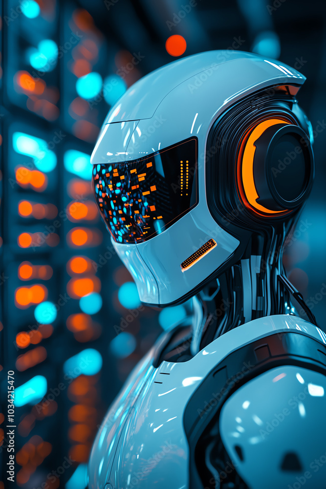 Poster futuristic robot profile in a data center