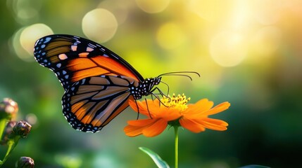 Obraz premium A monarch butterfly with black, orange, and white wings sits on a bright orange flower with a yellow center and green leaves in a field with a blurry background of green leaves and sunlight.