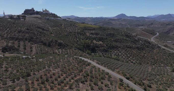Aerial drone shot panorama wide view of the white town village of Olvera in Andalusia, Spain, Europe. Traditional castle and church on hill, and olive trees. Drone orbiting. Shot in ProRes 422HQ