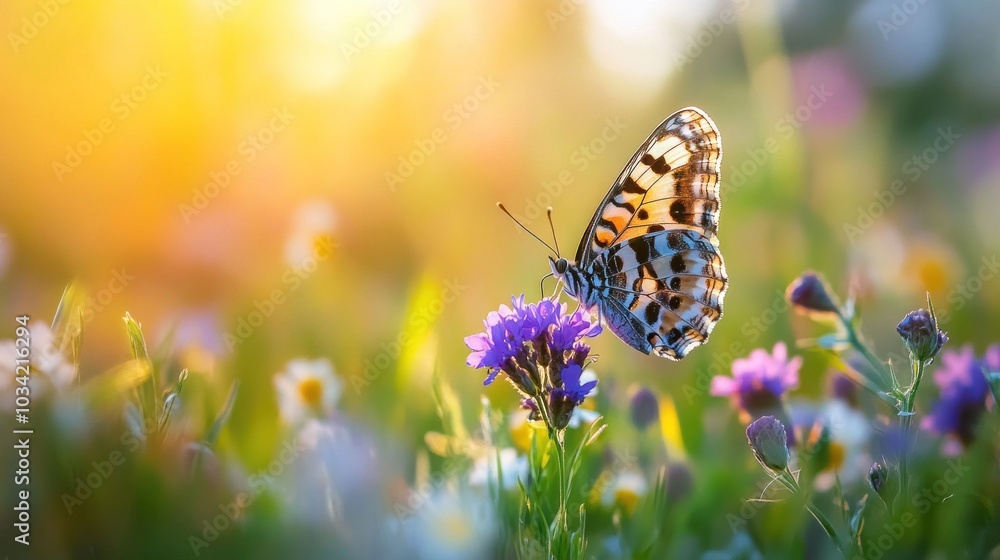 Poster a beautiful butterfly with intricate patterns on its wings rests on a purple flower in a field of wi
