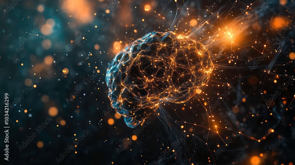 Poster abstract digital representation of a brain with glowing lines and particles.