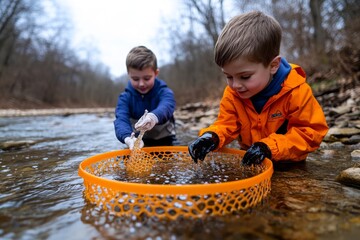 Outdoor science class near a river, collecting water samples for analysis