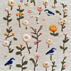 Floral embroidery featuring bluebirds and colorful flowers on a textured fabric background.