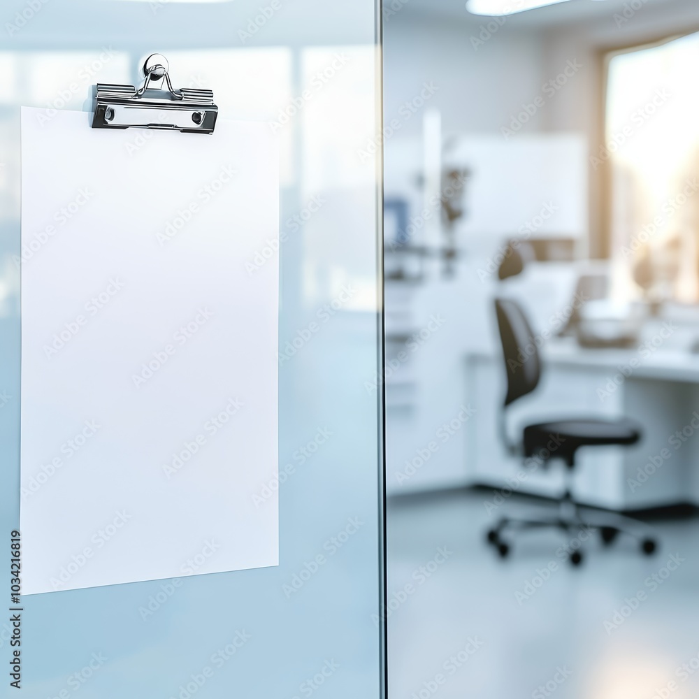 Poster blank clipboard in modern office with an empty workspace in the background.