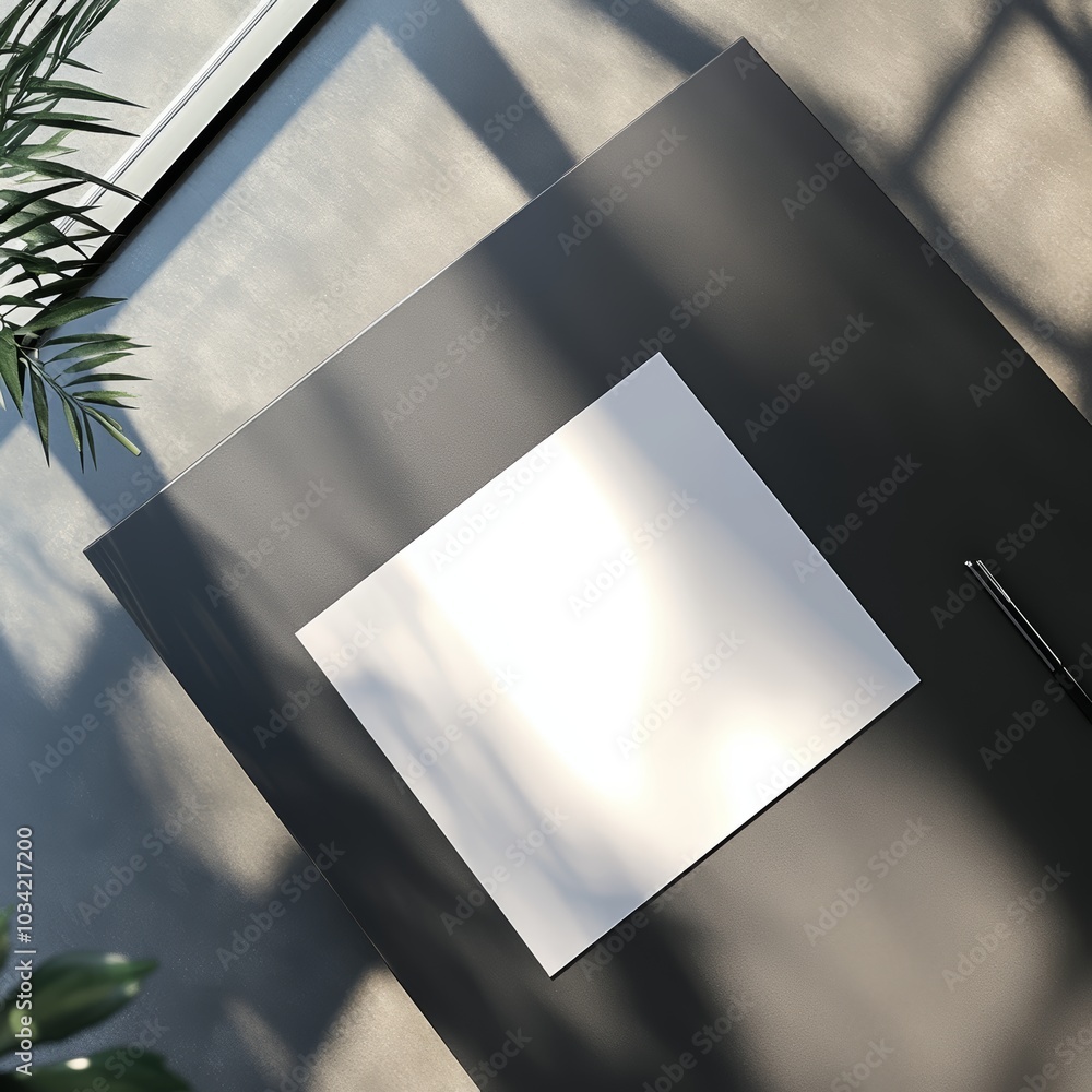 Poster minimalistic workspace with a blank sheet of paper and a pen, bathed in soft shadows.