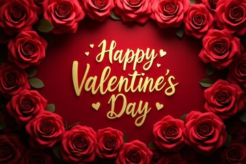 Fototapeta premium Romantic valentine's day card design with red roses and heart decorations.