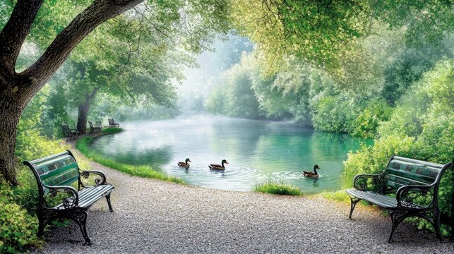 A tranquil pond with ducks swimming amidst a lush forest.