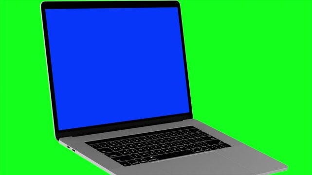 4K Video. Laptop (Notebook) Turning On With blue Screen On A Green Background.