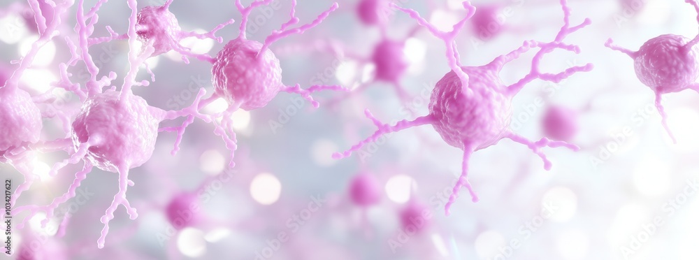 Poster close-up view of pink neural cells exhibiting complex structures and interconnections
