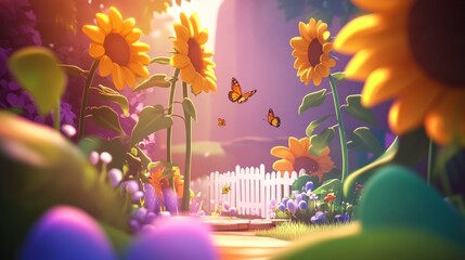 A whimsical garden with sunflowers, butterflies, and a white picket fence.
