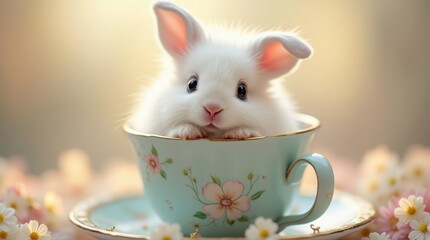 A fluffy white bunny sits snugly inside a pastel-colored teacup, its soft fur contrasting beautifully with the delicate hues of the cup.