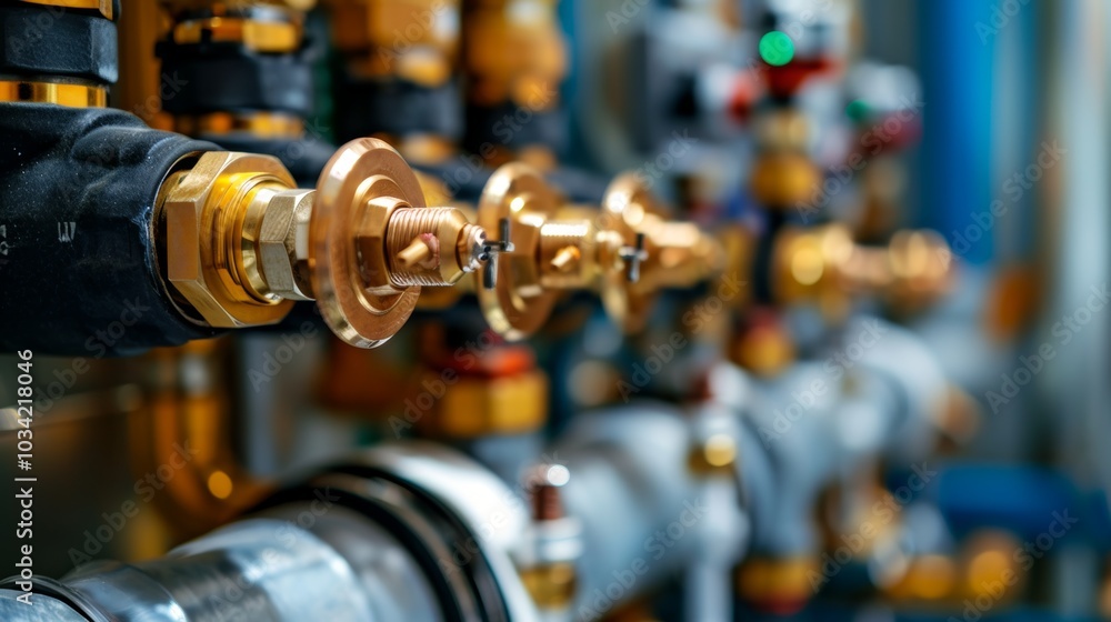Poster a close-up of a water node showcasing various pipes and fittings connected to a control unit for eff