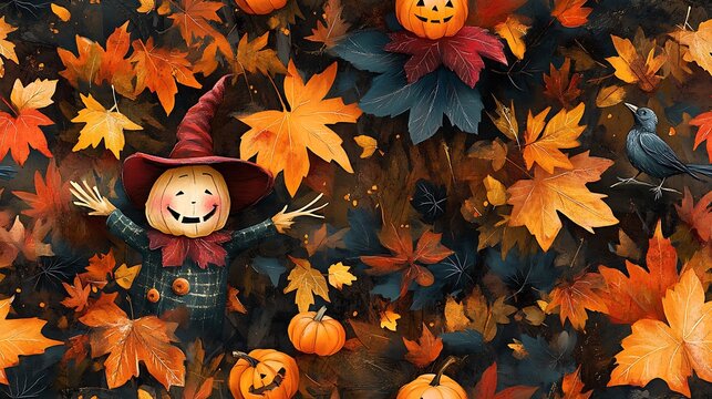 Playful scarecrows with tiny crows and pumpkins, scattered among autumn leaves and warm fall colors, soft shadows and cozy lighting for a seamless Thanksgiving design. --ar 16:9 --tile