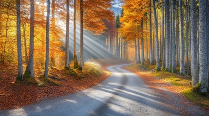 Obraz premium A winding road through a forest with colorful autumn foliage and sun rays shining through the trees.