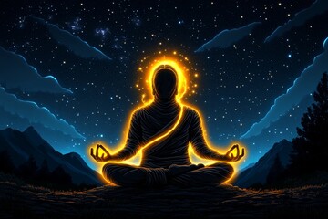 Pixelated figure meditating under a starry sky, with glowing auras forming around them