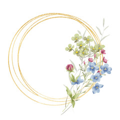 Flowers gold wreath. Watercolor hand painting floral golden border with place for text, logo design with bouquet. Digital illustration..