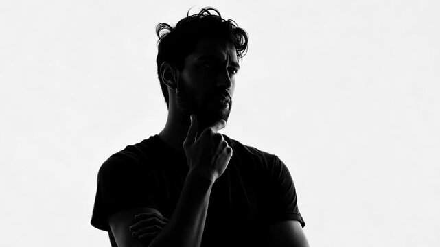 Silhouette of a pensive man. He mumbles softly, then his face shows certainty. Minimal movement, subtle emotion shift. High-contrast black and white. Introspective atmosphere.
