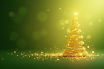 Golden spiral christmas tree decoration with glowing star on green background.